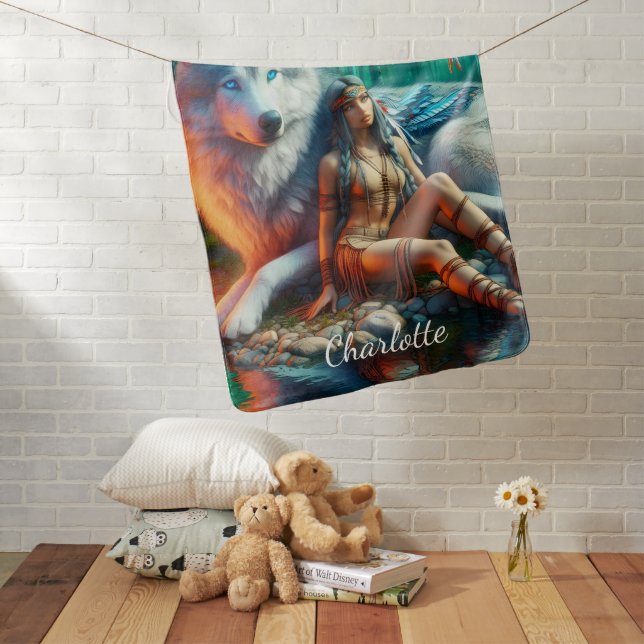 Unity of Indians and majestic wolves Baby Blanket (In Situ)