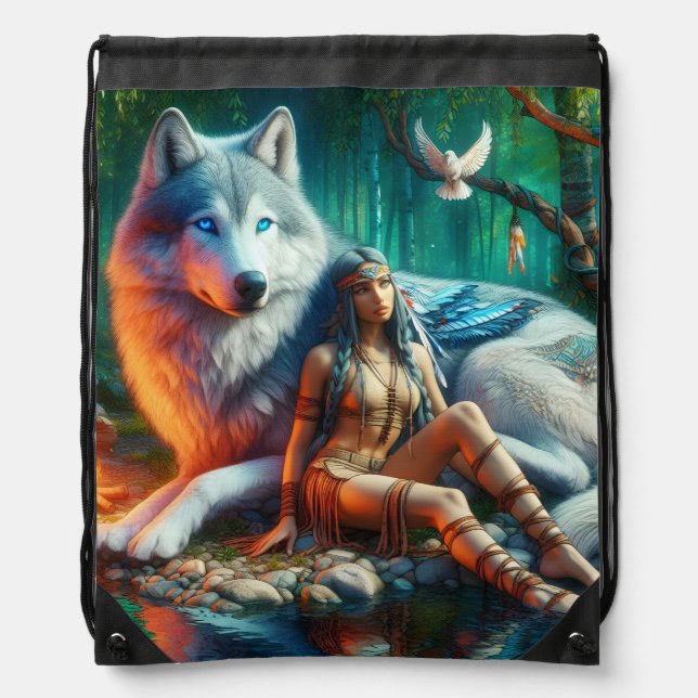 Unity of Indians and majestic wolves Drawstring Bag (Front)