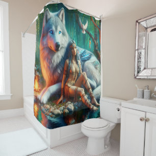 Unity of Indians and majestic wolves Shower Curtain