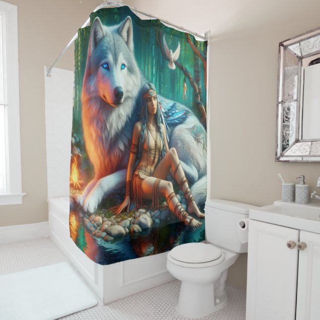 Unity of Indians and majestic wolves Shower Curtain (In Situ)