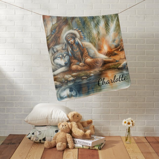 Unity of Native Indian and wolf spirit Baby Blanket (In Situ)