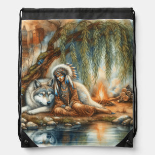 Unity of Native Indian and wolf spirit Drawstring Bag