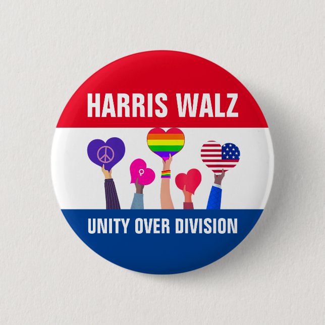 Unity Over Division Harris Walz Tim Walz Red Blue Button (Front)