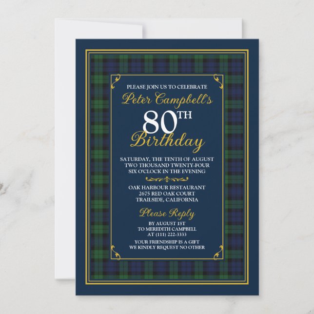 Universal Black Watch Tartan 80th Birthday Invitation (Front)