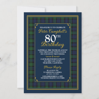 Universal Black Watch Tartan 80th Birthday Invitation