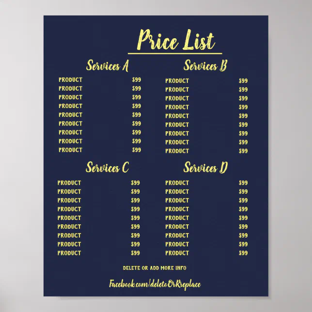 Universal custom price list. poster Zazzle