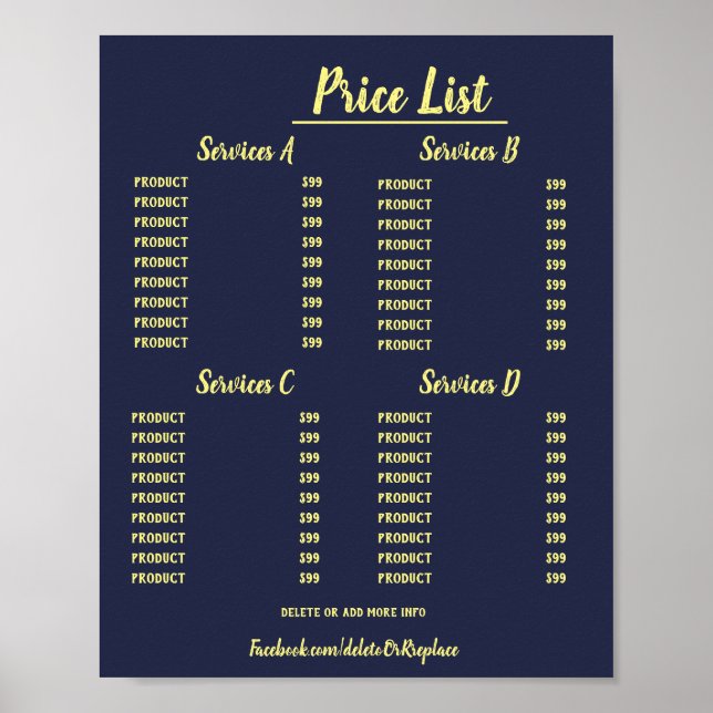 Universal customizable price list. poster (Front)