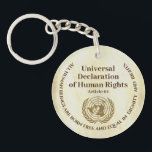 Universal Declaration of Human Rights Article 01 Keychain<br><div class="desc">This round keychain has a rustic brown background and part of Article 01 from the United Nations Universal Declaration of Human Rights: All human beings are born free and equal in dignity and rights. This document, consisting of 30 articles, enshrines the rights and freedoms of all human beings. It was...</div>