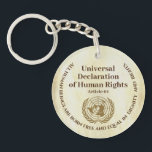 Universal Declaration of Human Rights Article 01 Keychain<br><div class="desc">This round keychain has a rustic brown background and part of Article 01 from the United Nations Universal Declaration of Human Rights: All human beings are born free and equal in dignity and rights. This document, consisting of 30 articles, enshrines the rights and freedoms of all human beings. It was...</div>