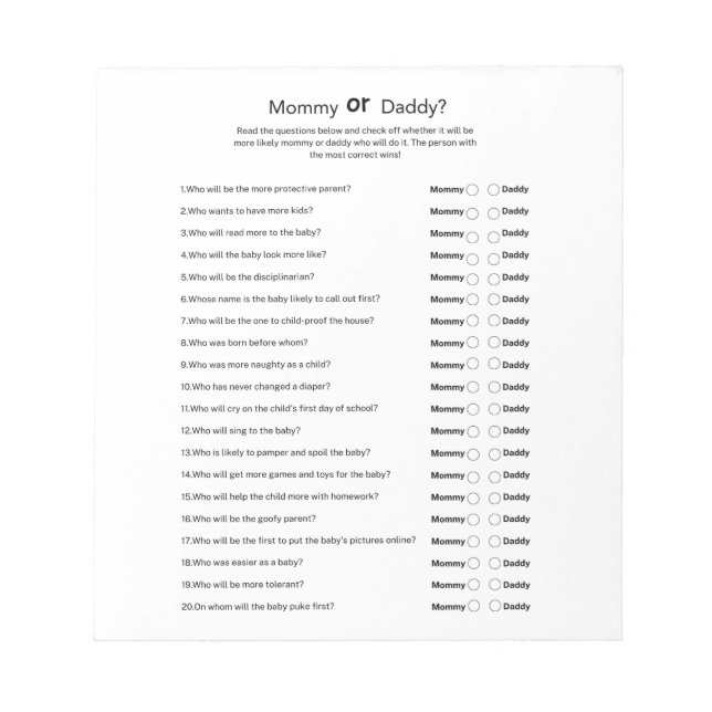 Universal Gender Neutral Baby Shower Mom or Dad  Notepad (Front)