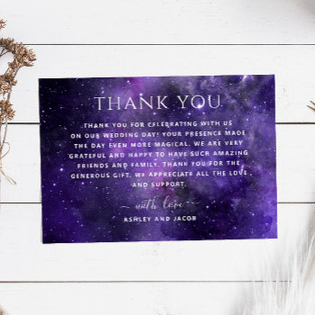 Universe Galaxy Stars. Purple Space Night Wedding Thank You Card by RemioniArt at Zazzle