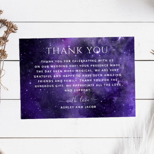 Universe galaxy stars Purple space night wedding Thank You Card