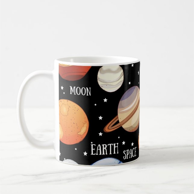 Universe, space, planets theme hand drawn design coffee mug (Left)