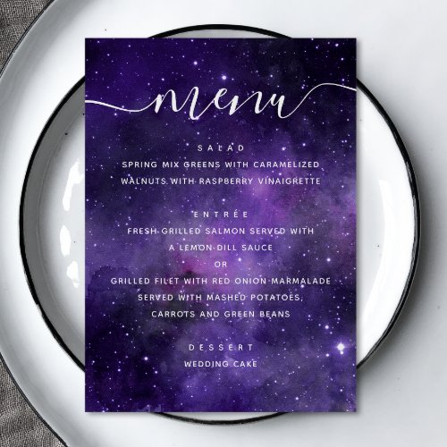 Universe stars Purple space night script wedding Menu