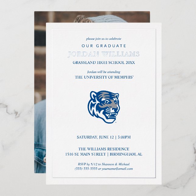 University of Memphis Tigers Mascot Head Logo Foil Invitation (Front/Back)