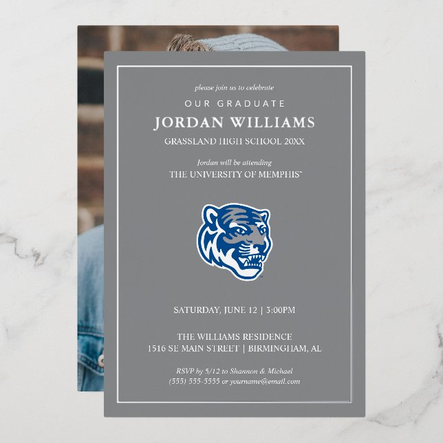 University of Memphis Tigers Mascot Head Logo Foil Invitation (Front/Back)