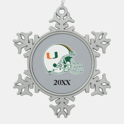 University of Miami Helmet with Year Snowflake Pewter Christmas Ornament
