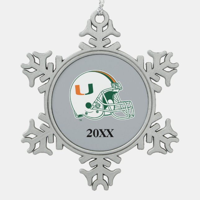 University of Miami Helmet with Year Snowflake Pewter Christmas Ornament (Front)