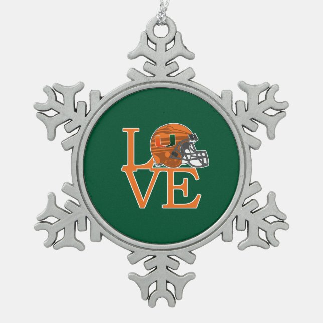 University of Miami Love Snowflake Pewter Christmas Ornament (Front)