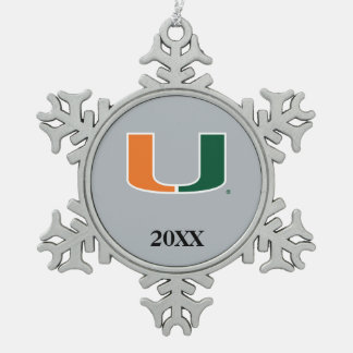 University of Miami U with Year Snowflake Pewter Christmas Ornament