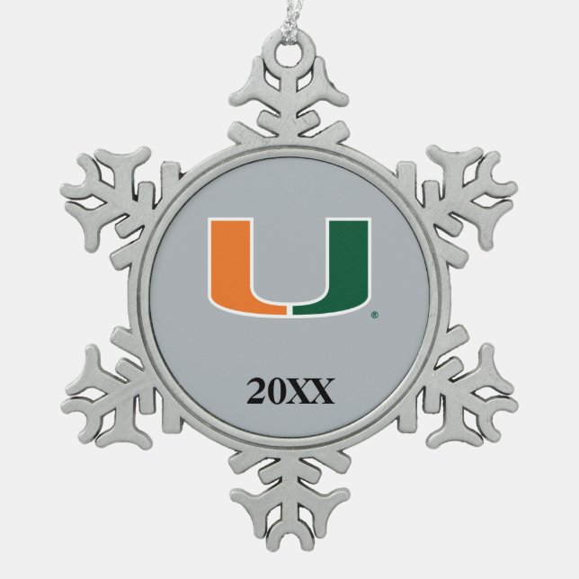 University of Miami U with Year Snowflake Pewter Christmas Ornament (Front)
