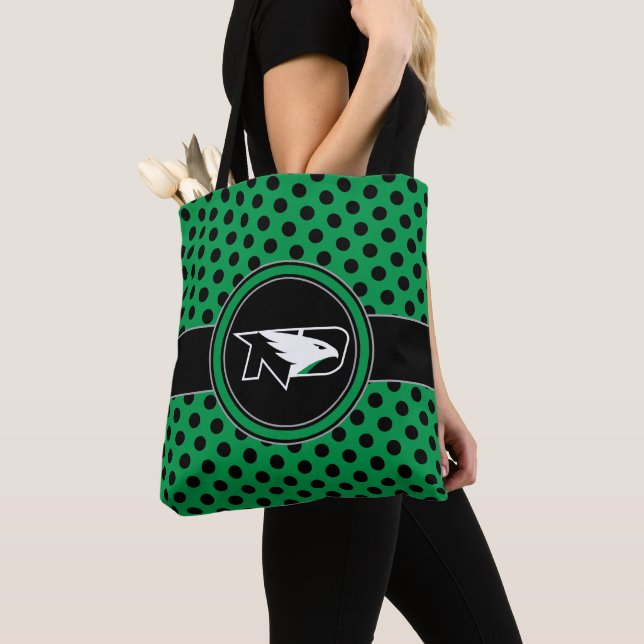 University of North Dakota Polka Dot Pattern Tote Bag (Close Up)