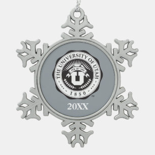 University of Utah Seal with Year Snowflake Pewter Christmas Ornament