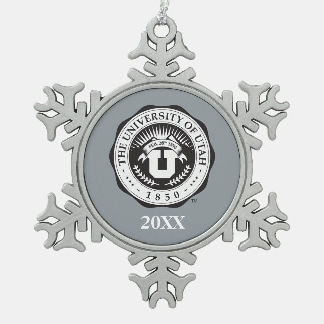 University of Utah Seal with Year Snowflake Pewter Christmas Ornament (Front)