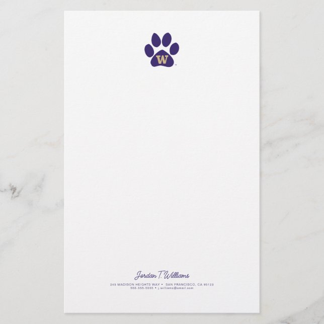 University of Washington Purple & Gold Husky Paw Stationery (Front)
