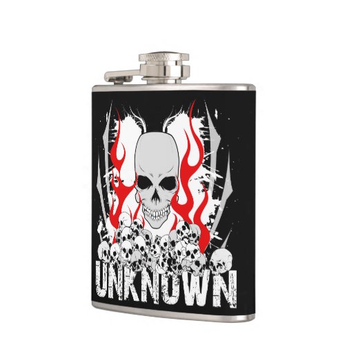 Unknown Stack of Skulls With Red Flames Hip Flask