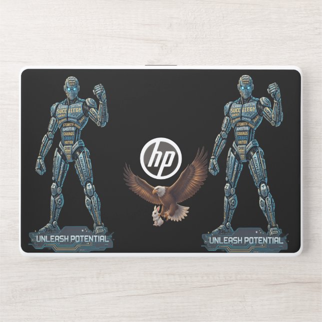 Unleash Potential – Futuristic Robot & Eagle Power HP Laptop Skin (Front)