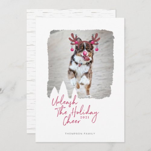 Unleash The Christmas Cheer Fun Pet Photo Reindeer Holiday Card