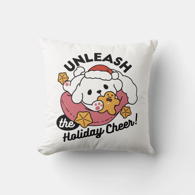 Unleash the Holiday Cheer – Cute Dog Christmas Throw Pillow (Front)