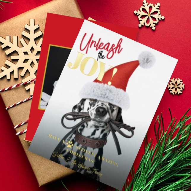 Unleash The Joy Custom Christmas Dog Photo Foil Holiday Card (Creator Uploaded)