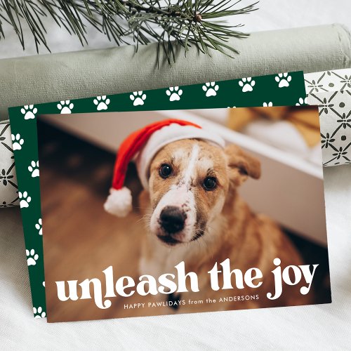 Unleash the Joy Green Dog Photo Holiday Card