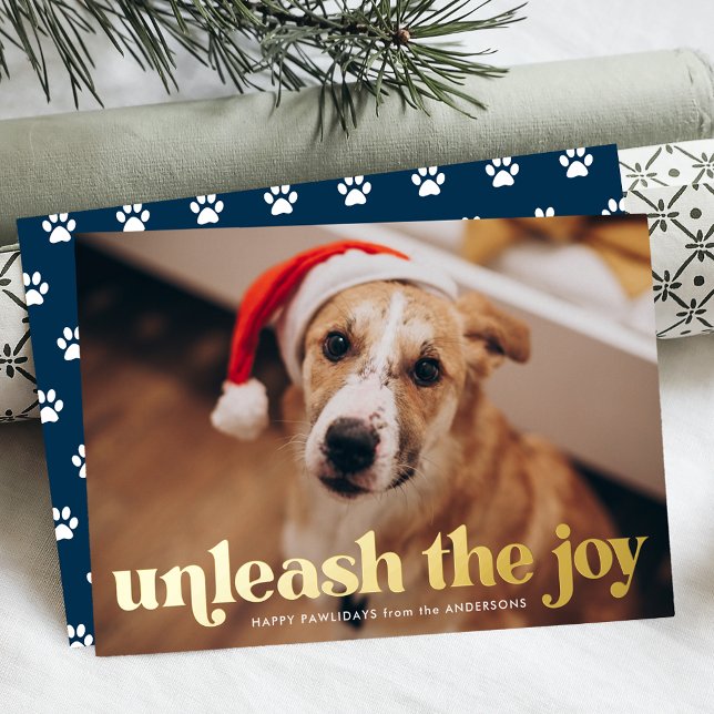 Unleash the Joy Navy Dog Photo Foil Holiday Card (Creator Uploaded)