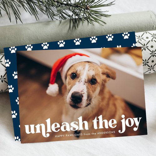 Unleash the Joy Navy Dog Photo Holiday Card