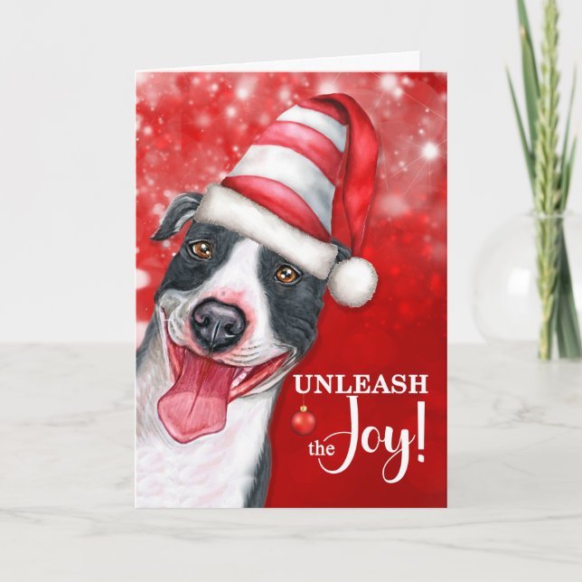 Unleash the Joy Pit Bull Christmas Dog Holiday Card (Front)