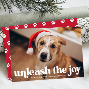 Unleash the Joy Red Dog Photo Holiday Card