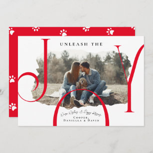 Unleash the Joy Red   Pet Photo Christmas Card