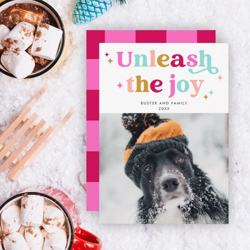 Unleash The Joy  Retro Christmas Pet Photo Holiday Card