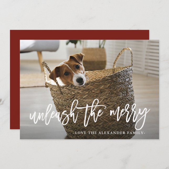 Unleash the Merry Script Cute Dog Photo Holiday Card (Front/Back)