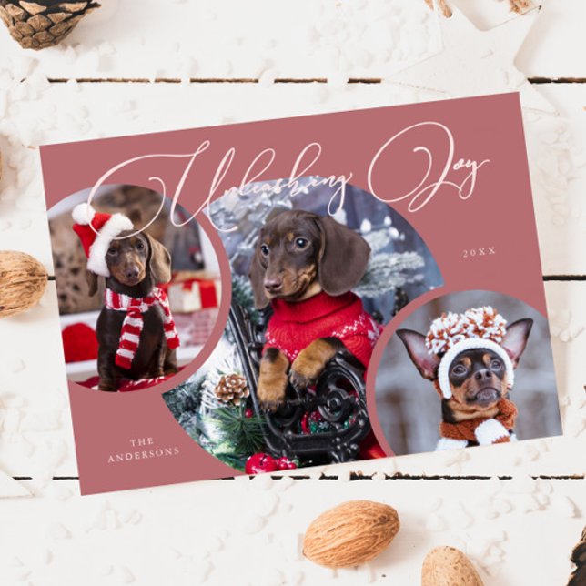 Unleashing Joy Pink Dog Photo Holiday Card (Creator Uploaded)