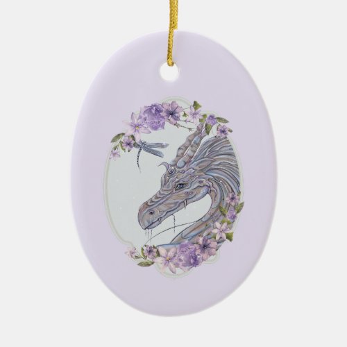 Unlikely friends dragon and dragonfly  ceramic ornament