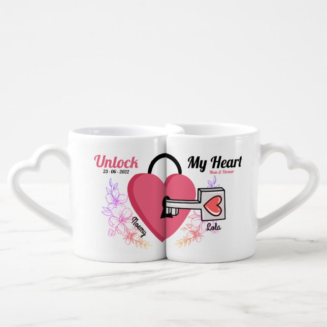 Unlock My Heart Custom Wedding Coffee Mug Set (Front Nesting)
