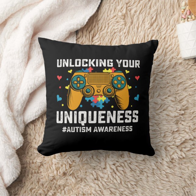 Unlocking Your Uniqueness Autism Gaming Gamer Throw Pillow (Blanket)