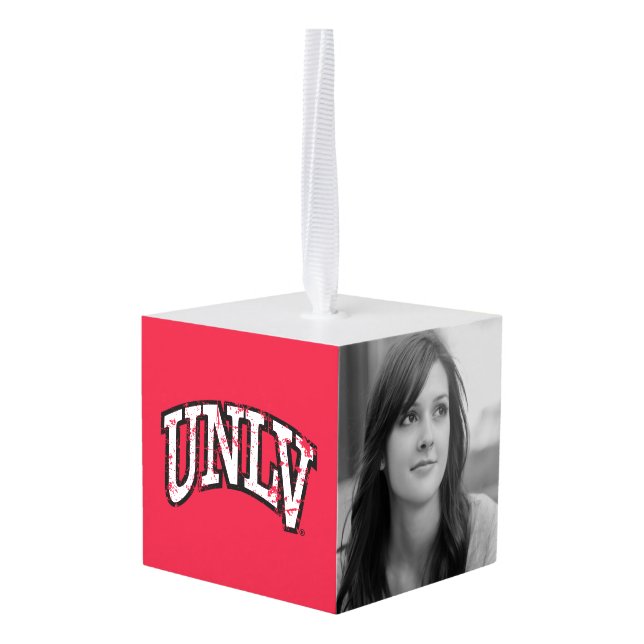 UNLV Distressed Cube Ornament (Back Angled)