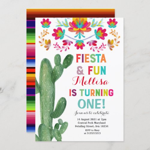 Uno Fiesta First Birthday Cactus Party Invitation