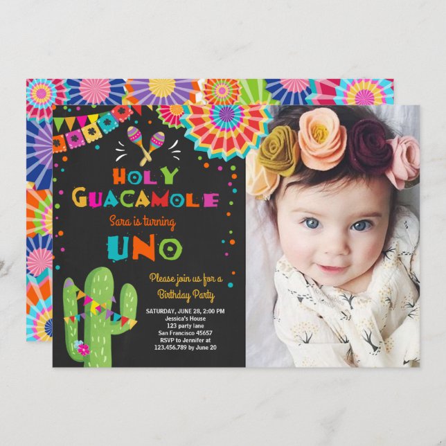 Uno Fiesta First Birthday invitation Cactus Party (Front/Back)