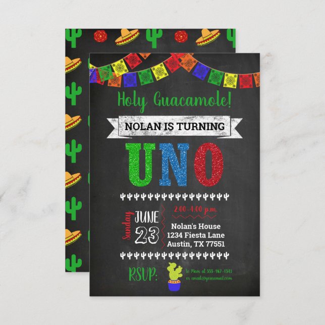 Uno Holy Guacamole First Birthday Invitation (Front/Back)